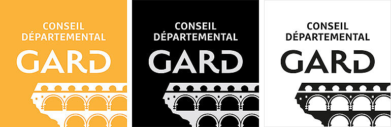 3 Logos du Conseil départemental du Gard en différentes couleurs à utiliser suivant le support de diffusion.